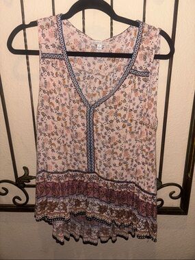 Patrons of Peace Pink Floral Sleeveless Tank with Blue Trim